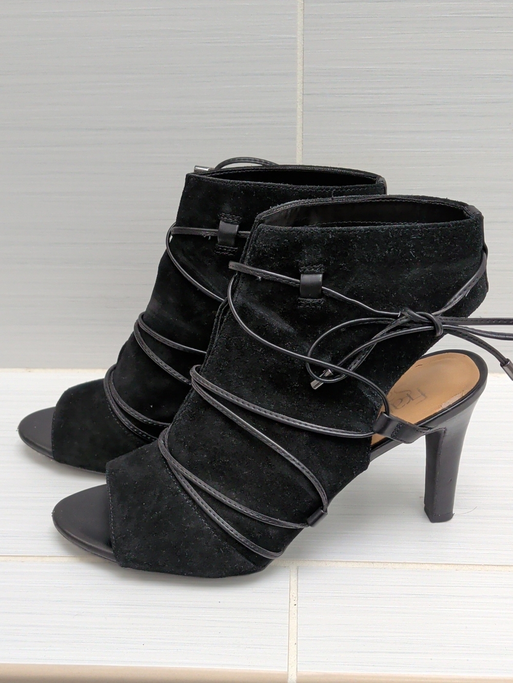 Franco Sarto L-Quinera Peep-Toe  Heel Bootie in Black Suede